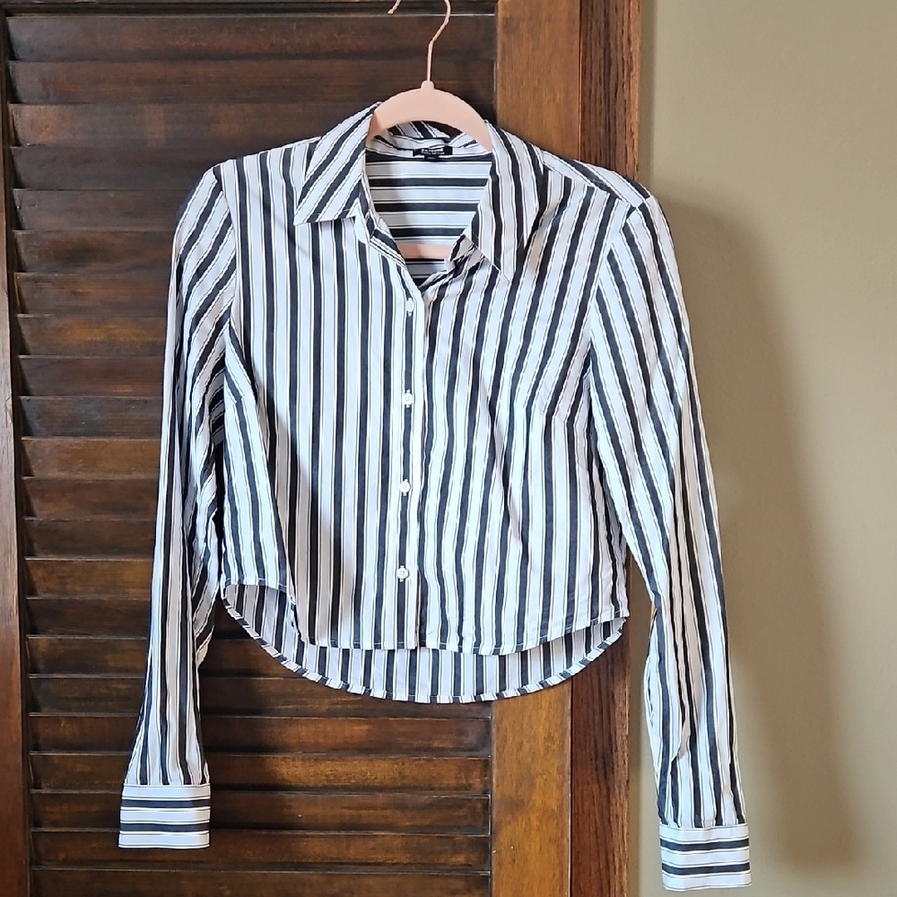 Express Black and White Striped Button Down Crop Shirt